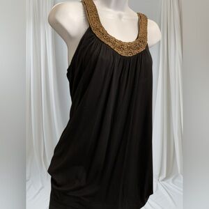 Vintage Y2K Ethnic Flowy Black Halter Top with Brown Beaded Neckline size Med